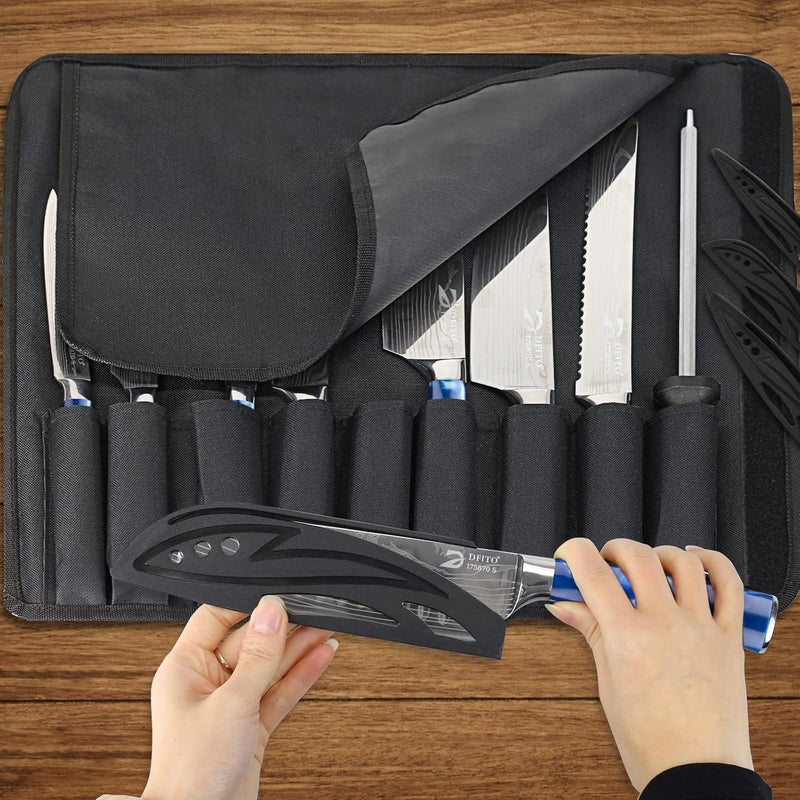 Dfito Chef Knife Sets with Roll Bag, 9 Pieces Professional Knife Set, High Carbon Stainless Steel Kitchen Chef Knife Set, Red Pakkawood Handle, Dishwasher Safe - Image 2